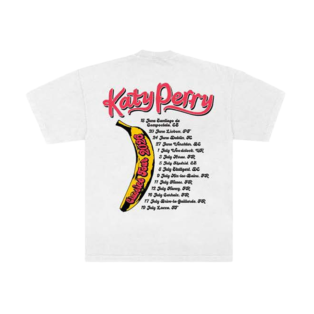 White t-shirt with Katy Perry banana graphic and EU tour dates 