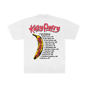 White t-shirt with Katy Perry banana graphic and EU tour dates 