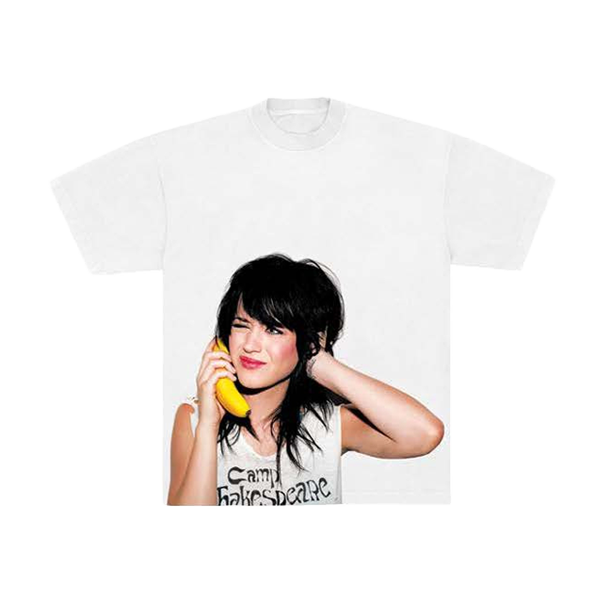 White t-shirt with a graphic of Katy Perry holding a banana phone