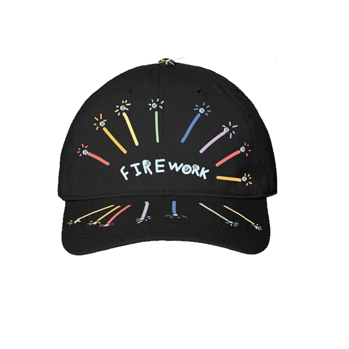 Black cap with colorful firework design and 'FIREWORK' text 