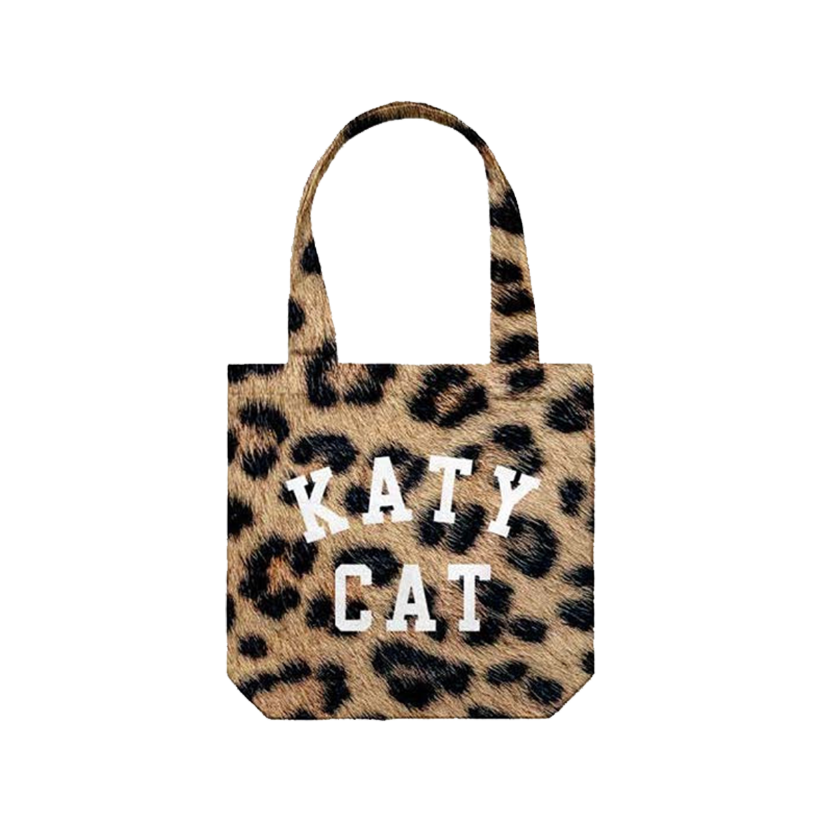 Leopard print tote bag with 'KATY CAT' text 