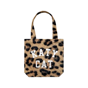Leopard print tote bag with 'KATY CAT' text 