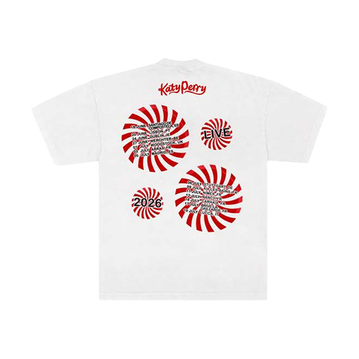 White t-shirt with graphic design and EU tour dates printed on back