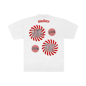 White t-shirt with graphic design and EU tour dates printed on back