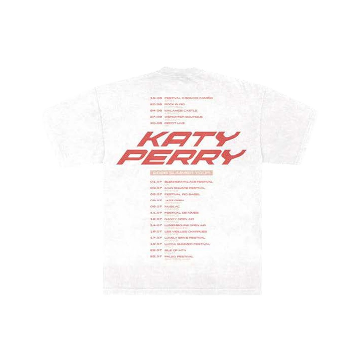 White t-shirt with red text 'KATY PERRY' and EU tour dates on the back