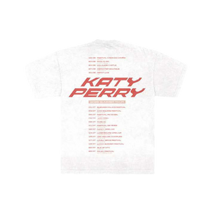 White t-shirt with red text 'KATY PERRY' and EU tour dates on the back