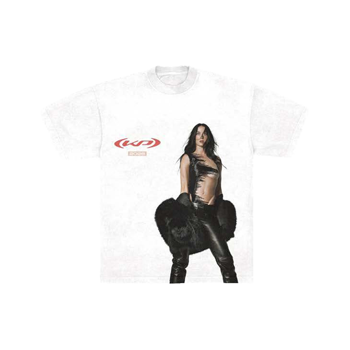 White t-shirt with a graphic of Katy Perry in black leather outfit and red logo 