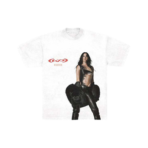 White t-shirt with a graphic of Katy Perry in black leather outfit and red logo 