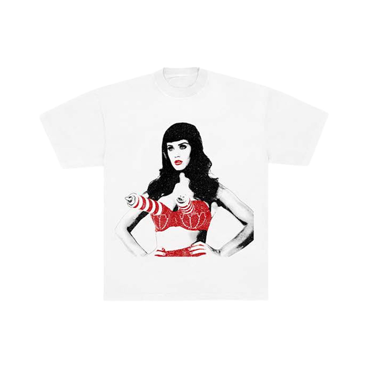 White t-shirt with a graphic design of Katy Perry 