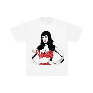 White t-shirt with a graphic design of Katy Perry 