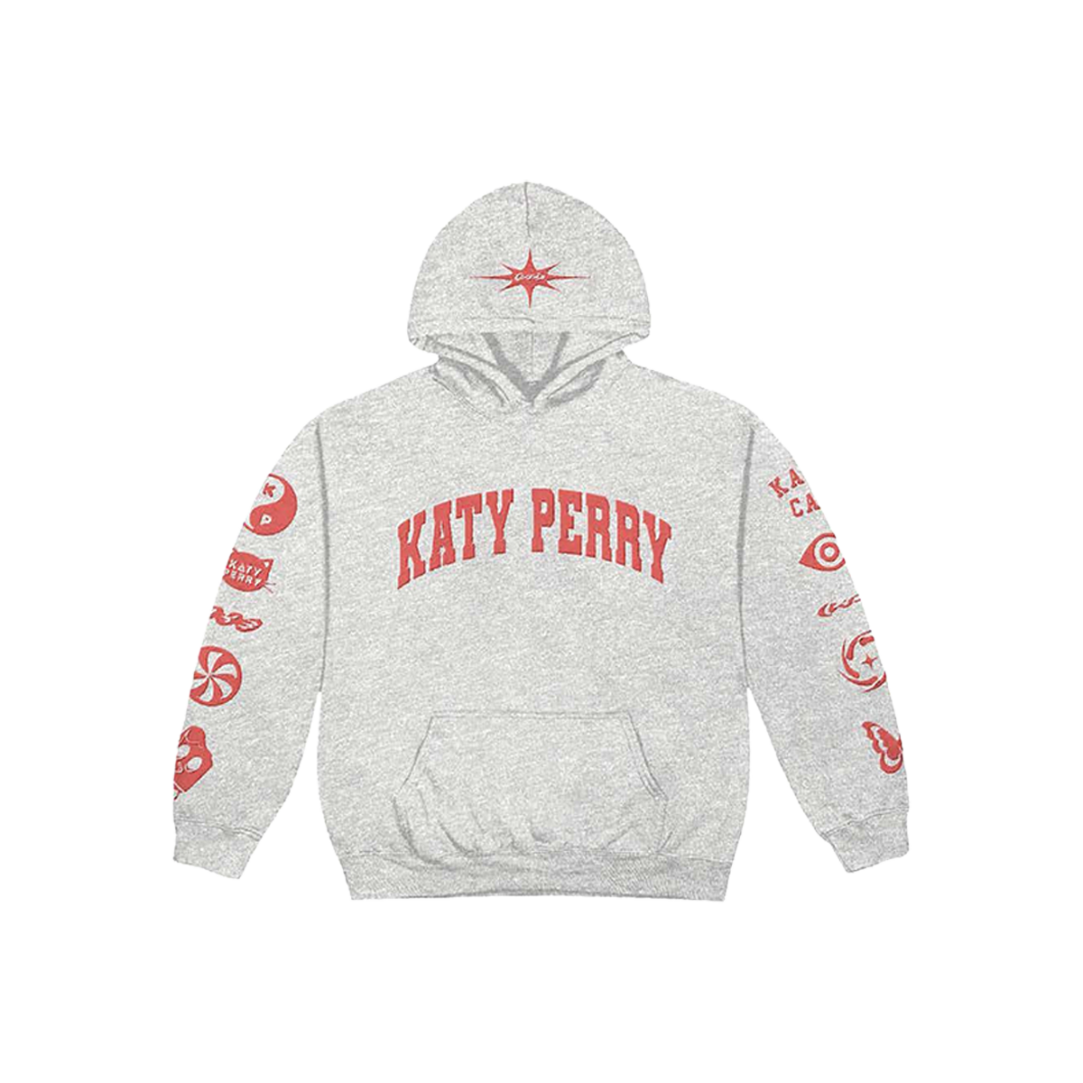 Gray hoodie with Katy Perry red text and graphics 