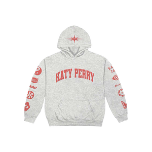 Gray hoodie with Katy Perry red text and graphics 