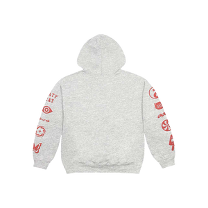 Gray hoodie with red designs on sleeves 