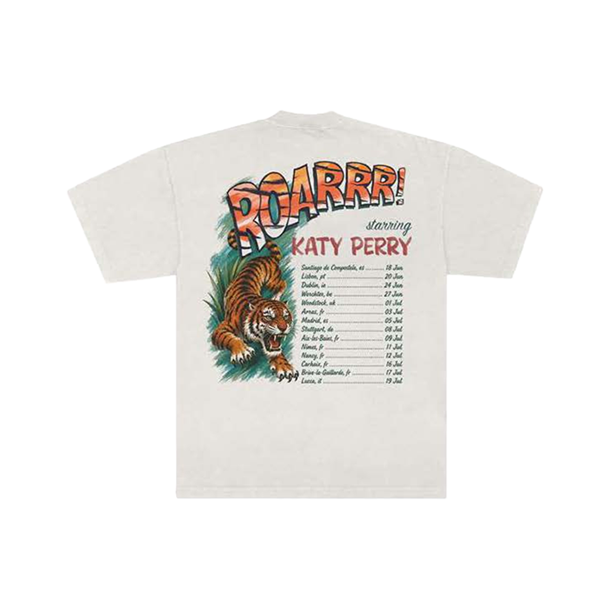 White t-shirt with a tiger graphic and 'ROARRR! starring Katy Perry' text with EU tour dates