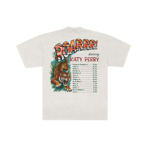 White t-shirt with a tiger graphic and 'ROARRR! starring Katy Perry' text with EU tour dates
